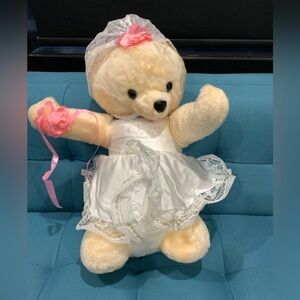 Vintage Ganz Bros Bridal Teddy Bear 19" Plush Lace Dress Veil Flower Girl 80s